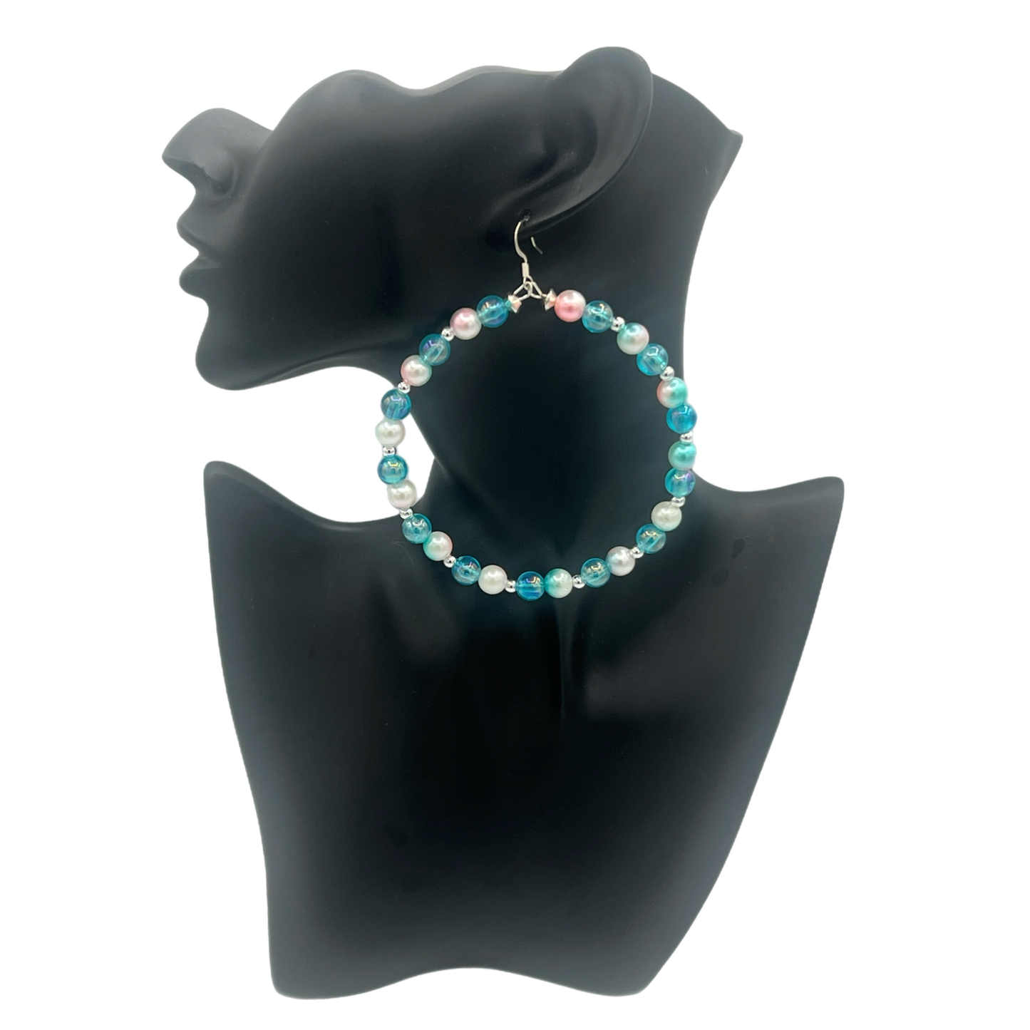 Mermami| Aqua Toned Peal Ball Jumbo Hoop Earrings W/Ball Accents