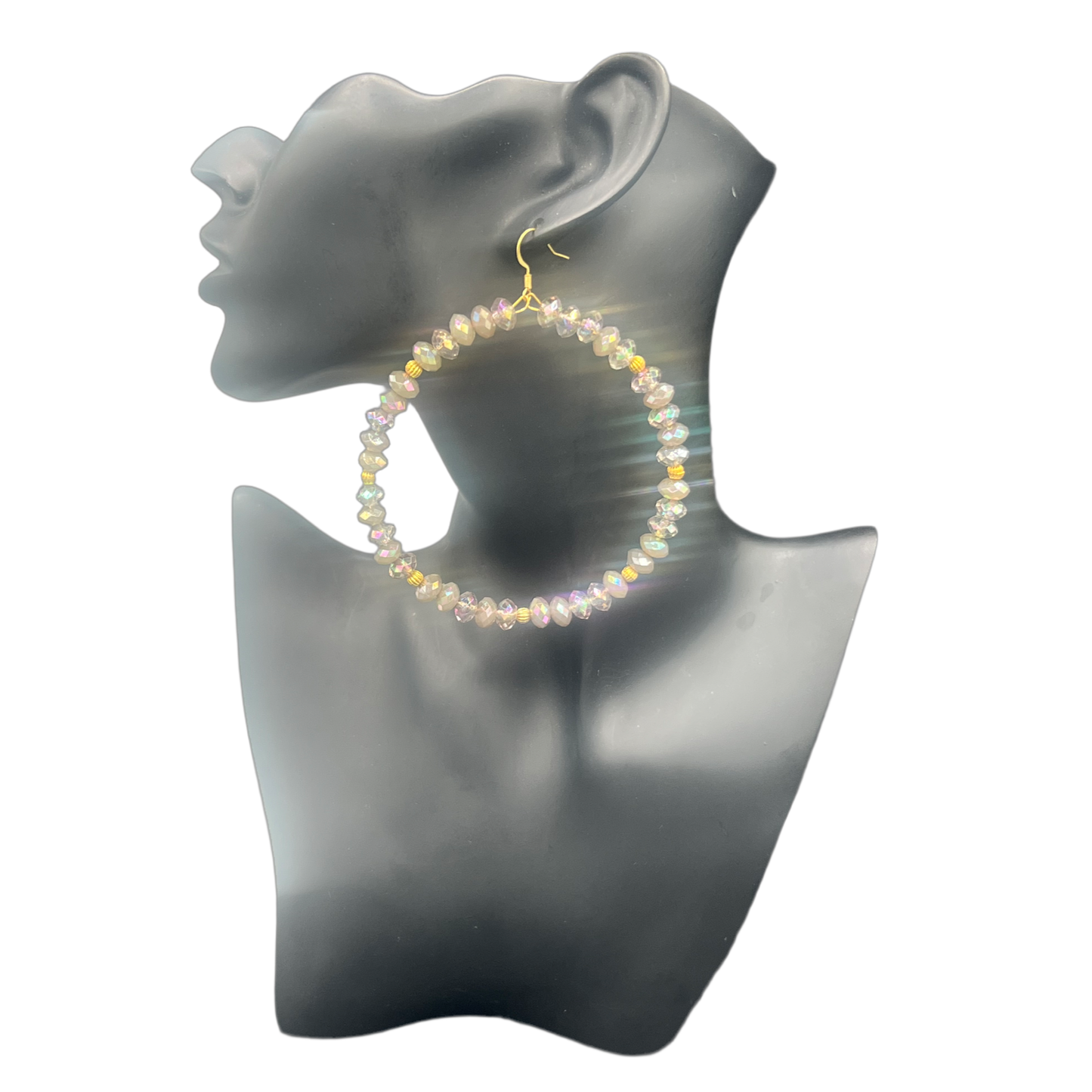 Tovia|Taupe Crystal Stoned Jumbo Hoop Earrings W| Gold Trim