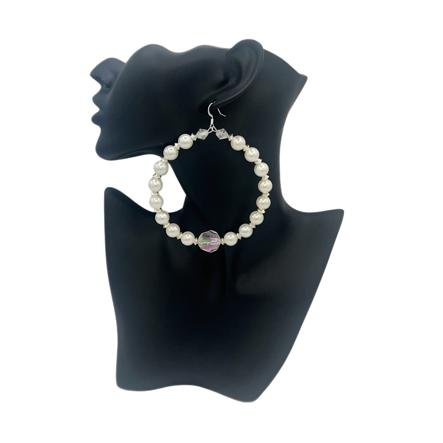 Pretty Clam| Silver Trim Pearl & Crystal Accent Jumbo Hoop Earrings