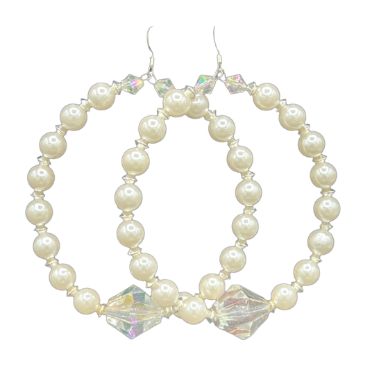 Pretty Clam| Silver Trim Pearl & Crystal Accent Jumbo Hoop Earrings