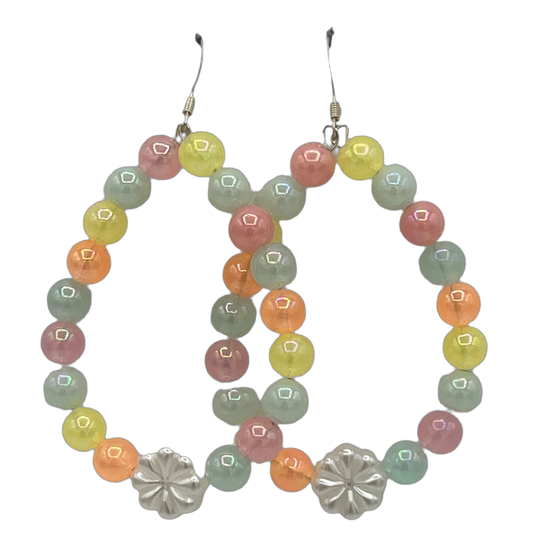 Citrusy| Fruit Colored Pearl Oval Earrings W/Flower Accents