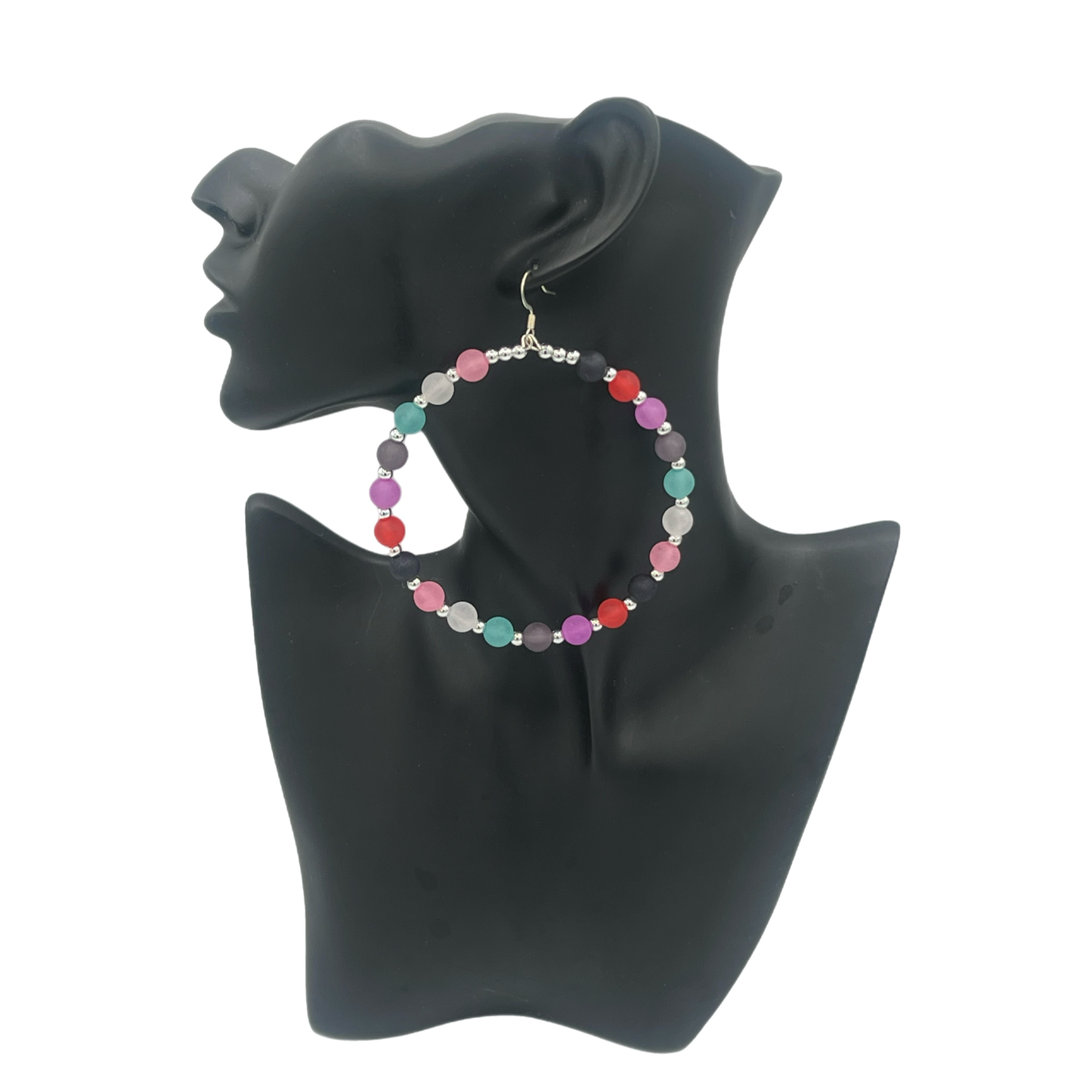 Fun Girl| Multi Colored Ball Jumbo Hoop Earrings W/Silver Accents