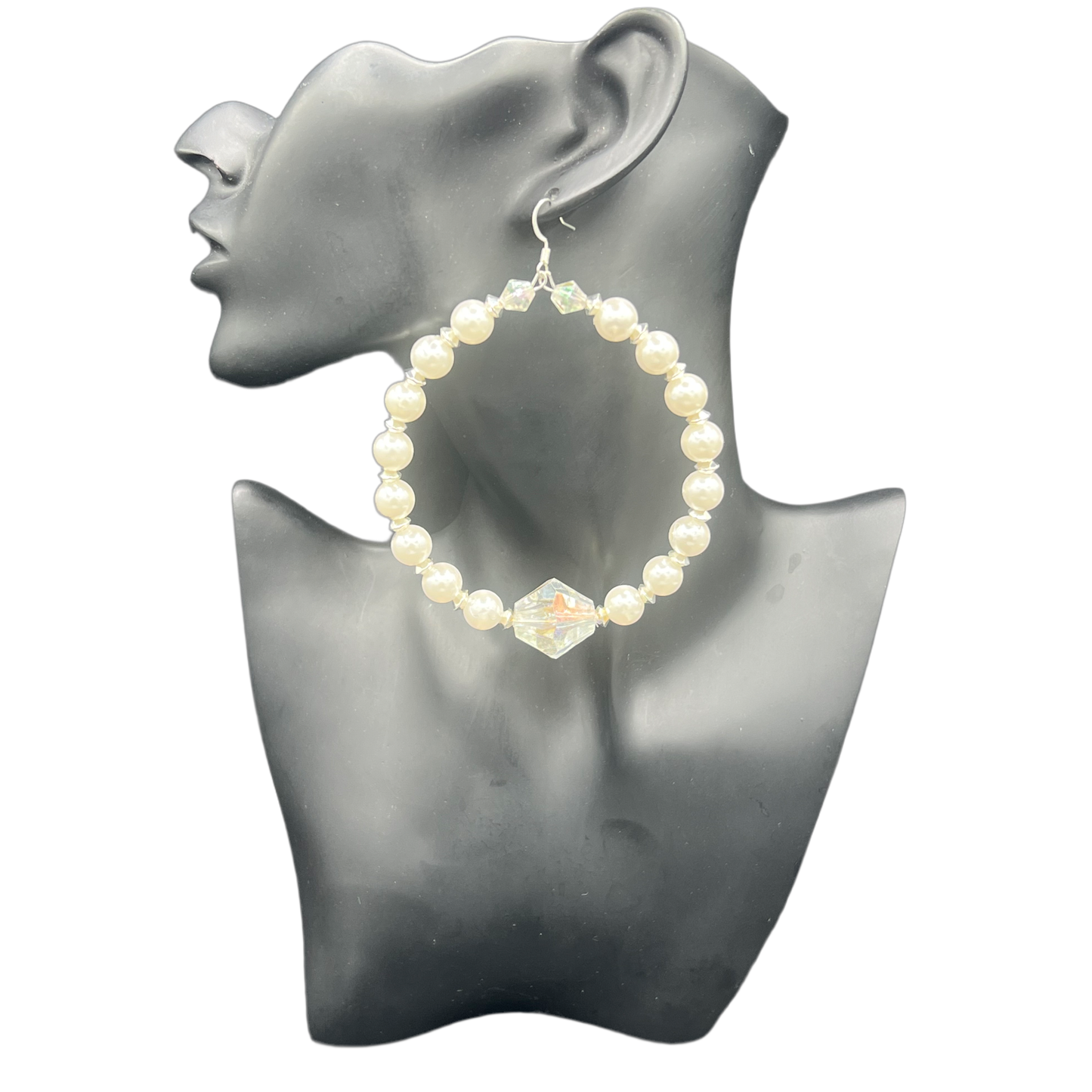 Pretty Clam| Silver Trim Pearl & Crystal Accent Jumbo Hoop Earrings