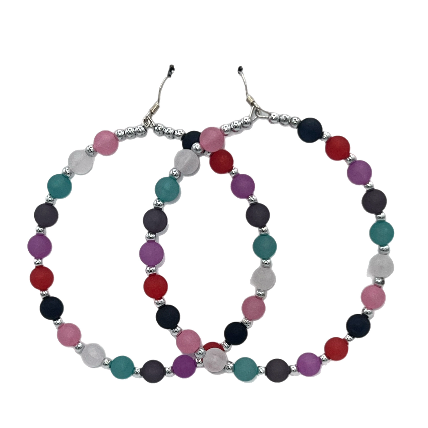 Fun Girl| Multi Colored Ball Jumbo Hoop Earrings W/Silver Accents