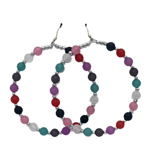 Fun Girl| Multi Colored Ball Jumbo Hoop Earrings W/Silver Accents