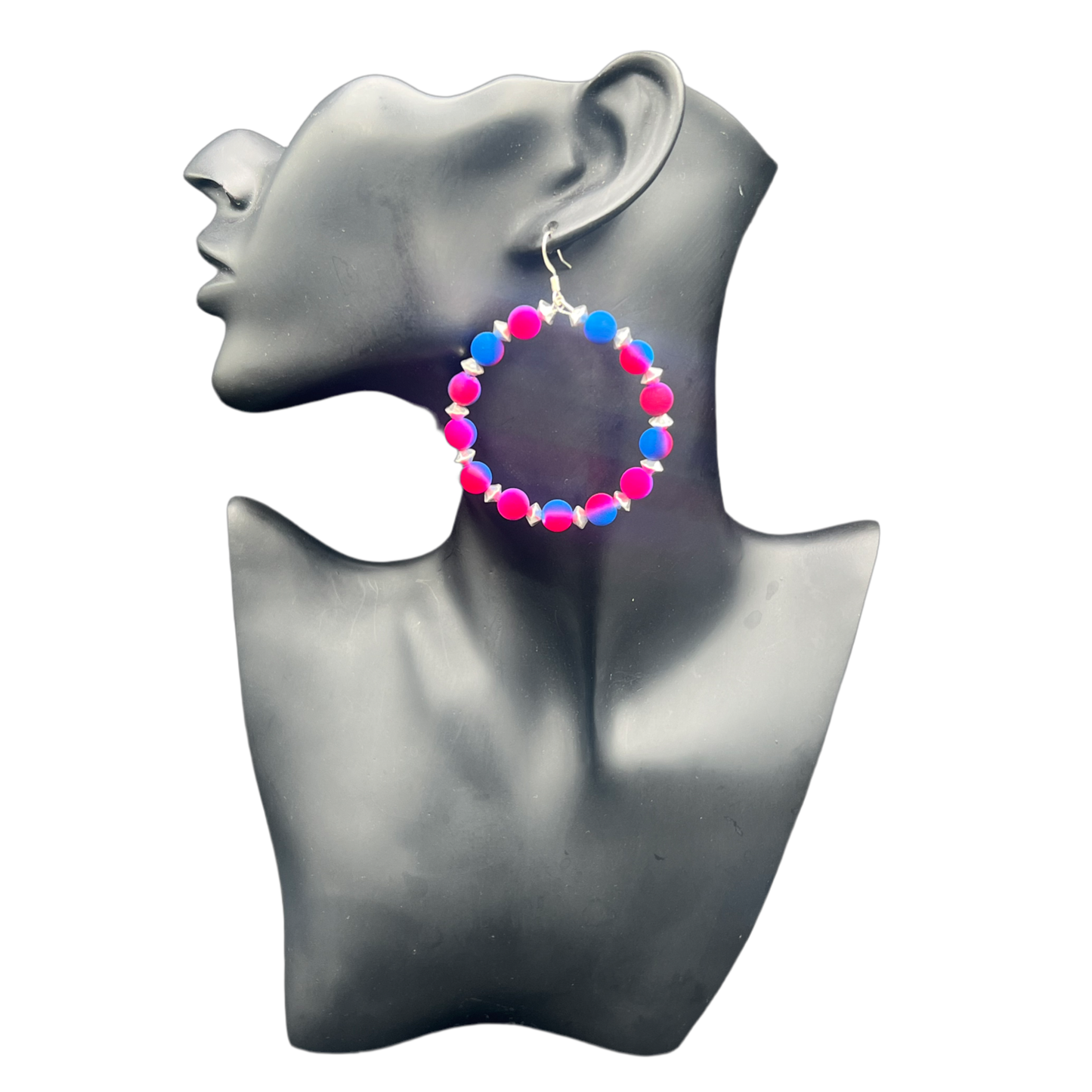 Mega| Small Rubber Blue & Pink  Hoop Earrings W/ Silver Trim