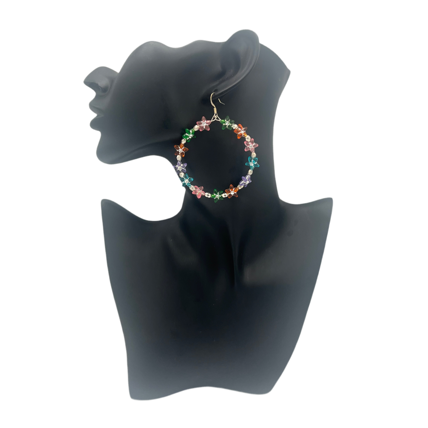 Pretty Fairy| Multi-Colored Flower Jumbo Hoops W/ Silver Trim