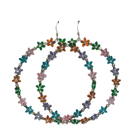 Pretty Fairy| Multi-Colored Flower Jumbo Hoops W/ Silver Trim