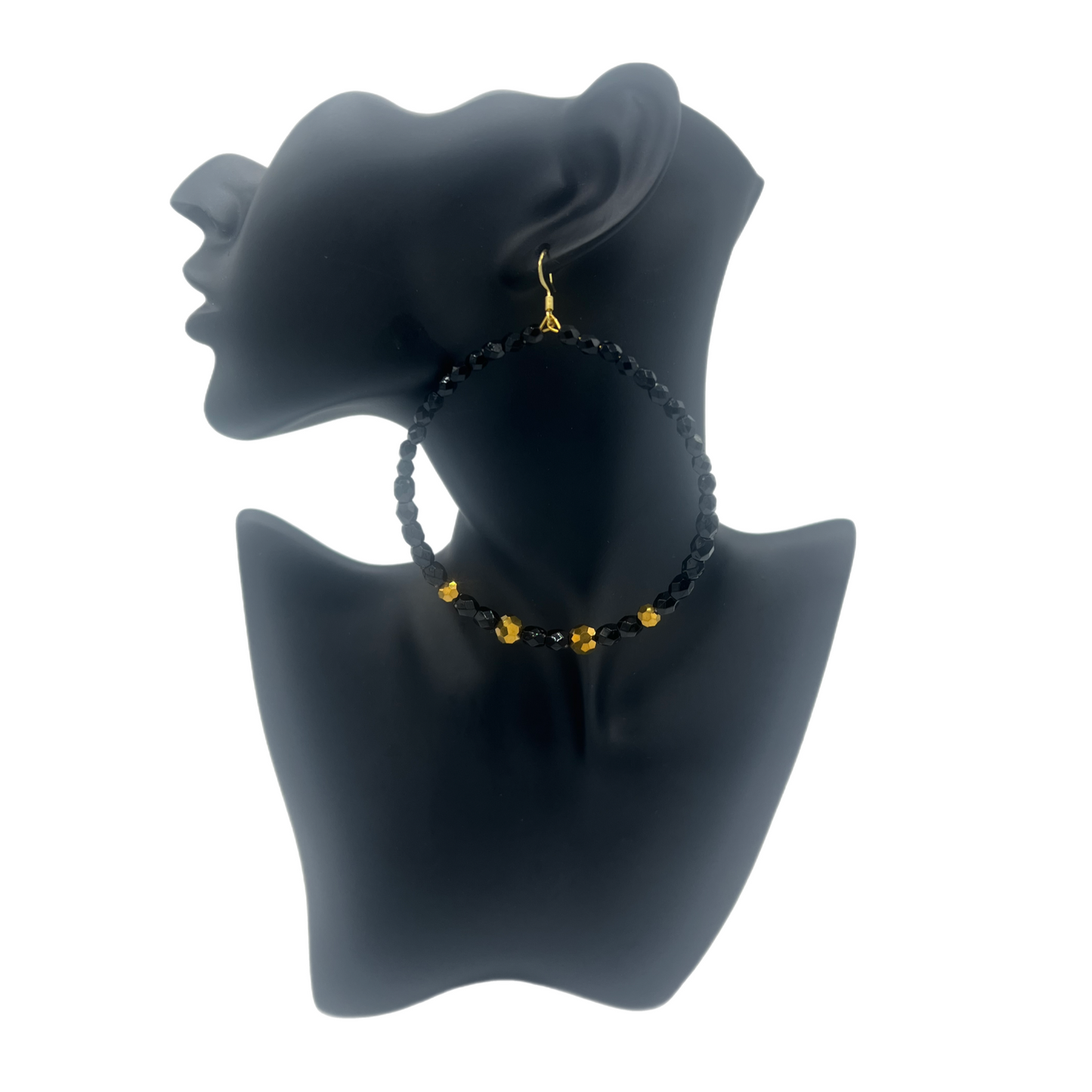 Sheba| Crystal Black Jumbo Hoops W/Gold Accent Earrings