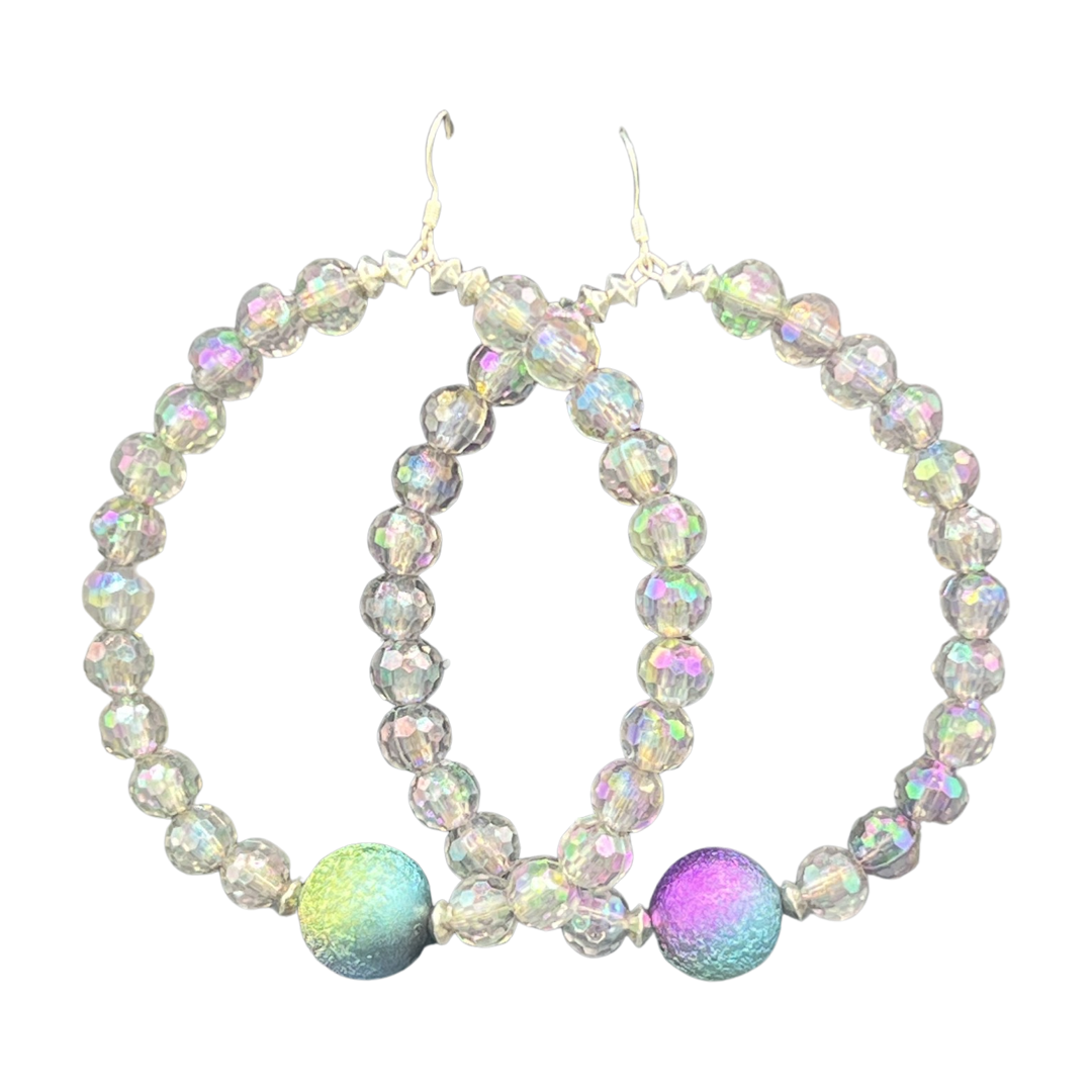 Glasm| Jumbo Iridescent Jumbo Hoop Earrings W/Multi Colored Accent Ball