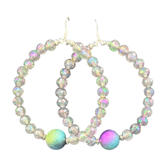 Glasm| Jumbo Iridescent Jumbo Hoop Earrings W/Multi Colored Accent Ball