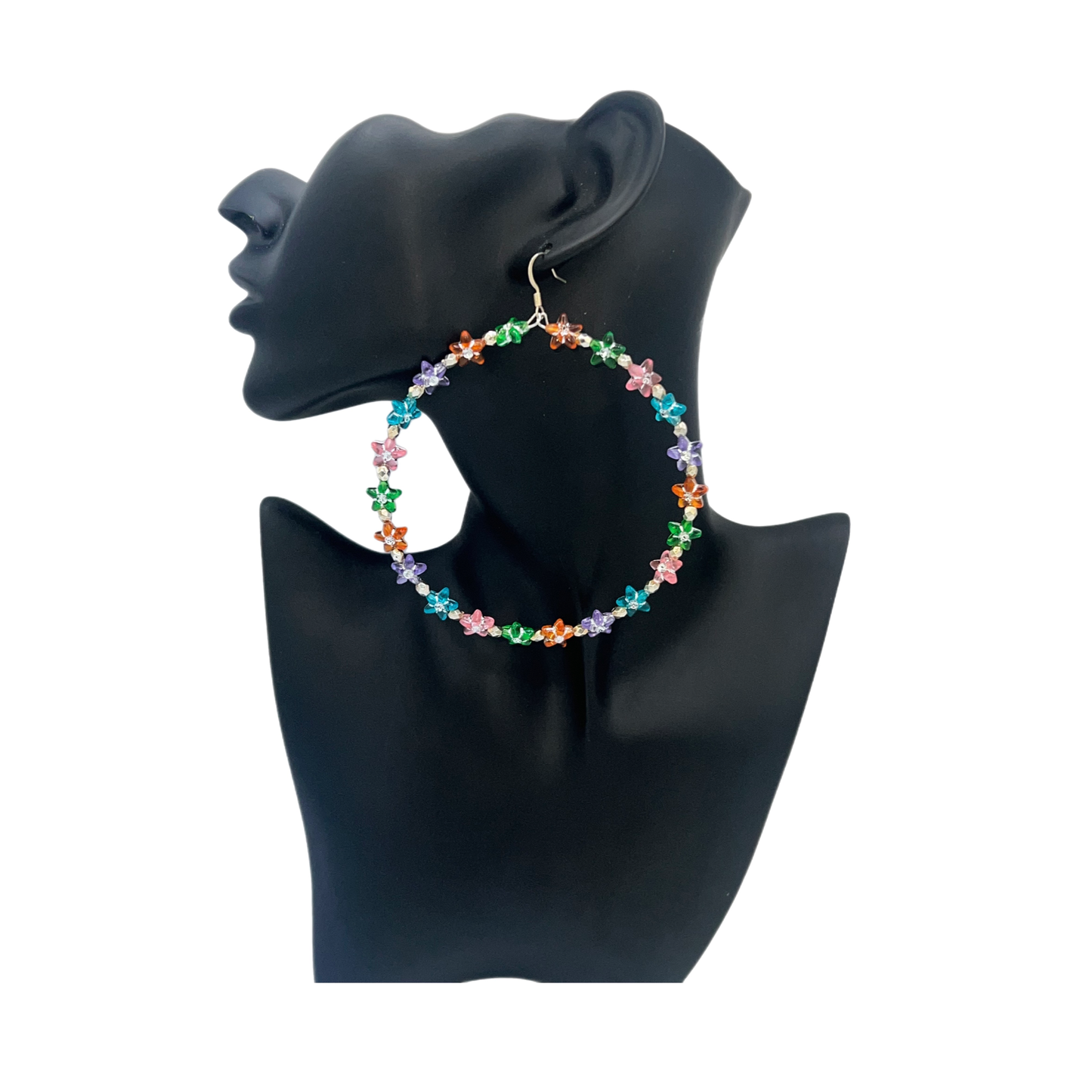 Pretty Fairy| Multi-Colored Flower Jumbo Hoops W/ Silver Trim